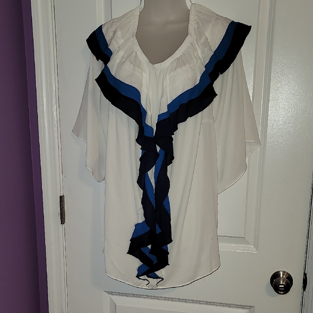Ashley Stewart White and Blue Ruffled Bib Collar Blouse Sz: 18/20